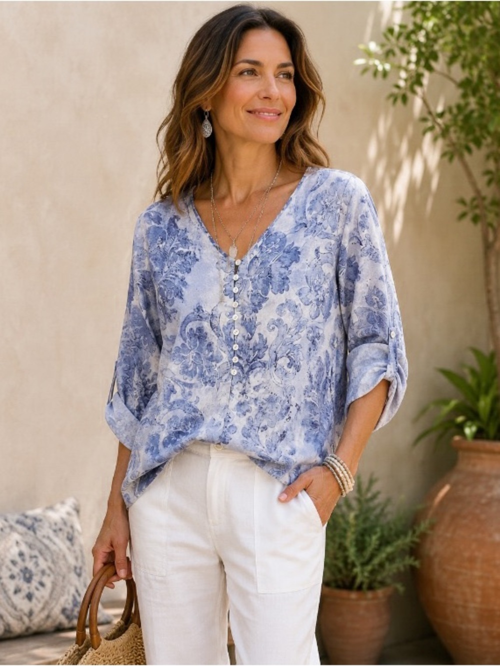 Soft Surroundings Paisley Print Tunic Blouse Size PM Blue Tencel Roll Tab Sleeve
